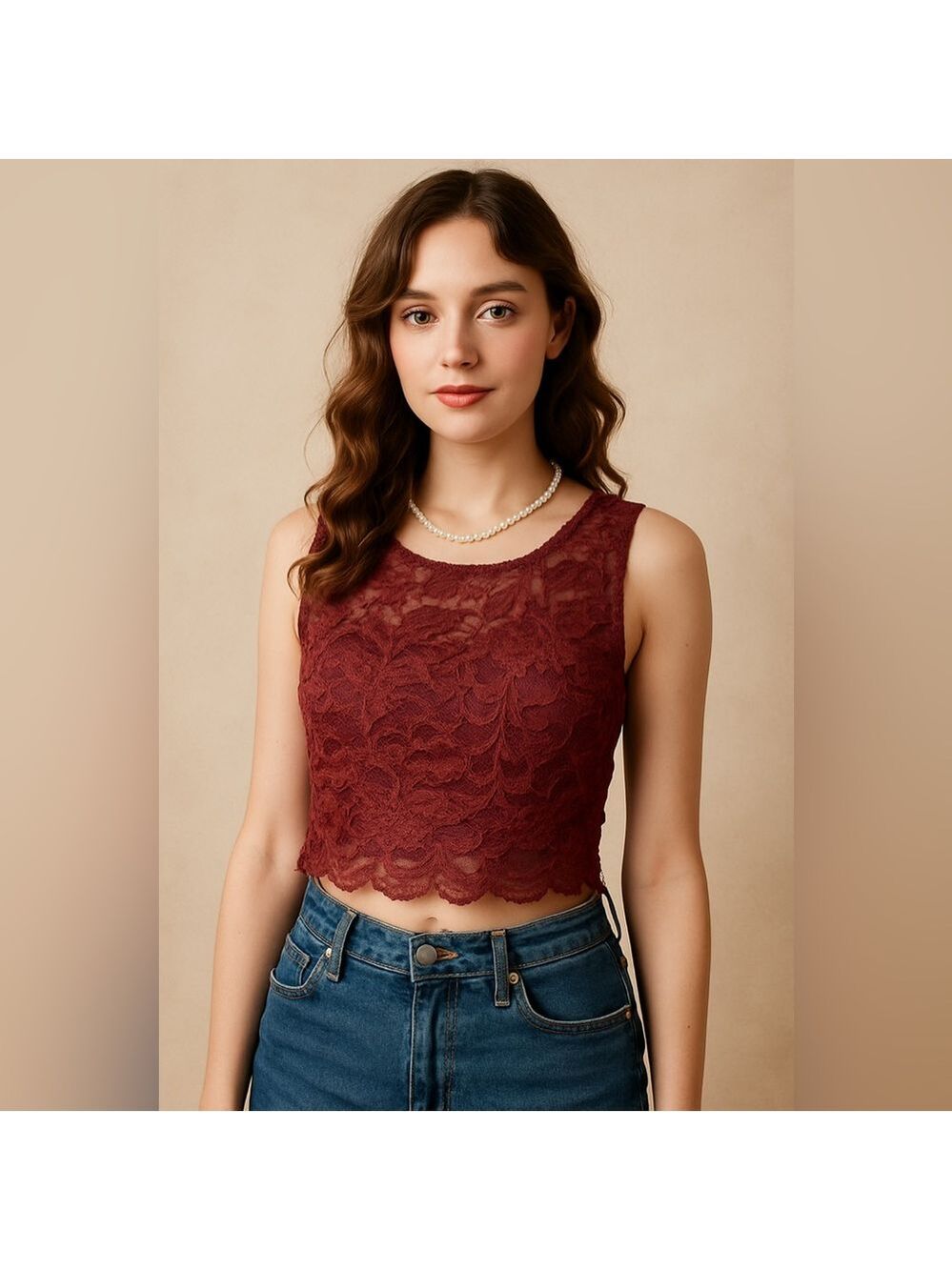 City Triangles Burgundy Lace Floral Crop Top Juniors 15 Scalloped Hem Party